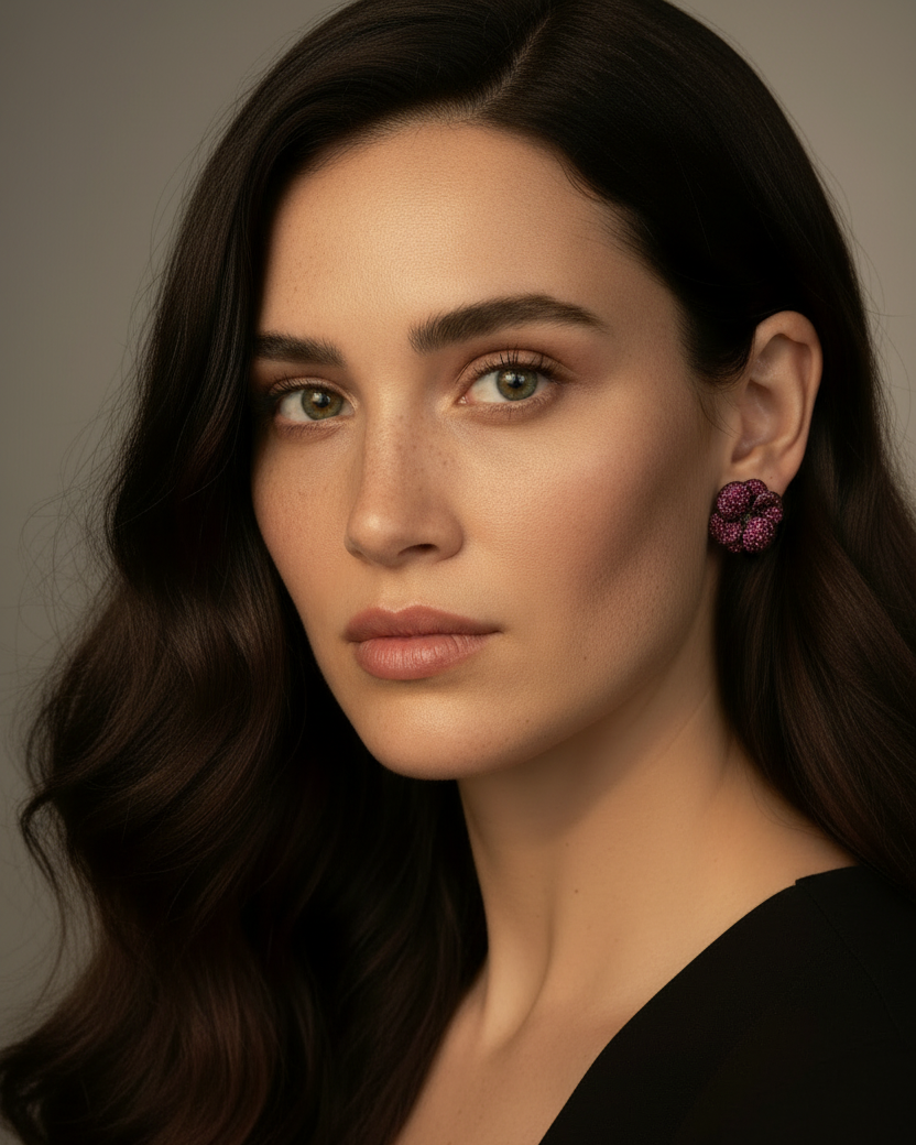 Pendientes femeninos garnet con diseño floral y acabado en rodio negro.