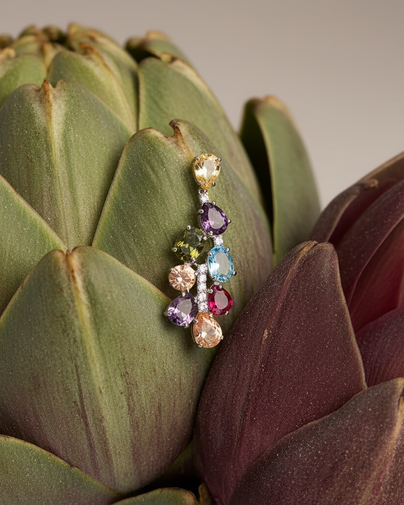 Pendientes luminosos de Sibela Studio con piedras multicolor y diseño sofisticado.