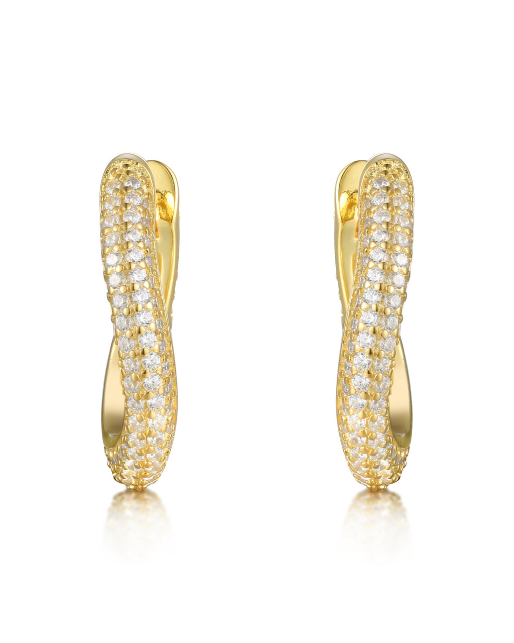 Pendientes Swing en plata 925 con baño de oro amarillo de 18kts y circonitas blancas, inspirados en el jazz de los años 20, con cierre de presión y diámetro de 10 mm.