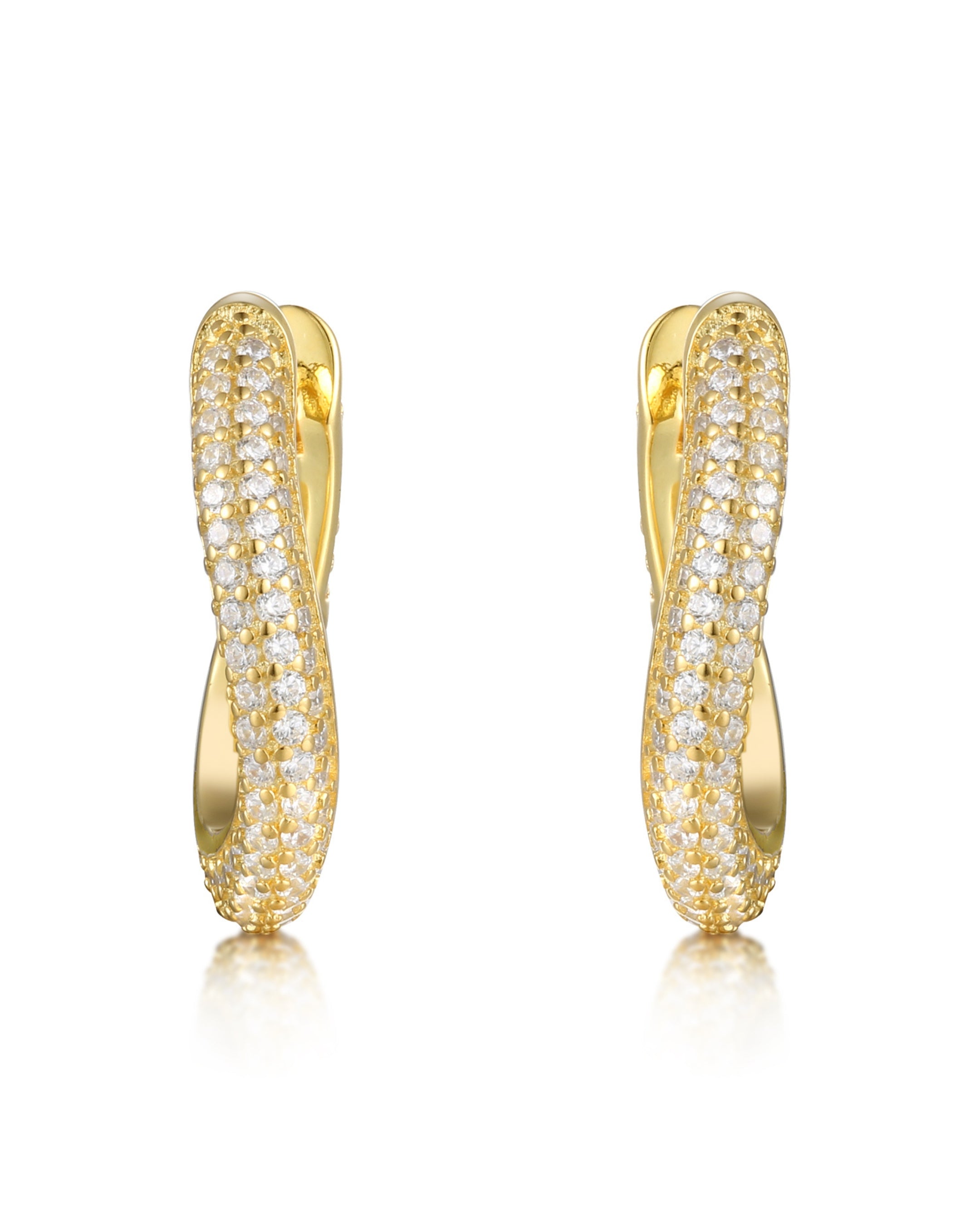 Pendientes Swing en plata 925 con baño de oro amarillo de 18kts y circonitas blancas, inspirados en el jazz de los años 20, con cierre de presión y diámetro de 10 mm.