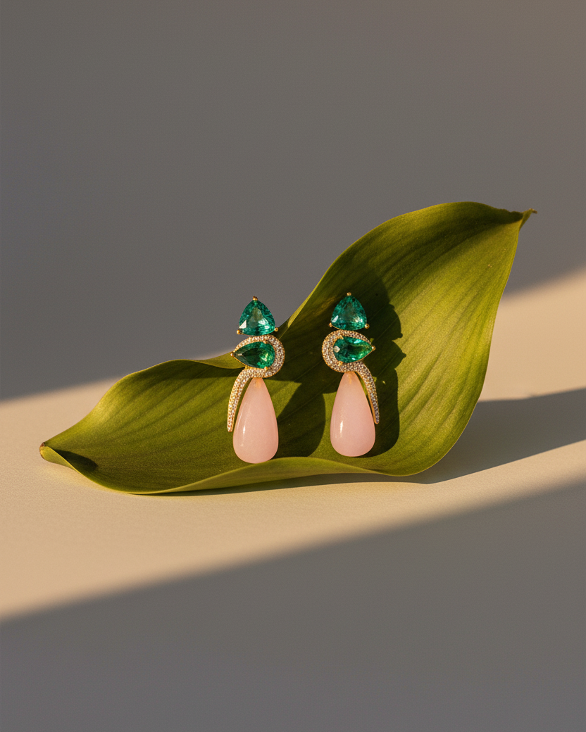 Pendientes largos con cuarzo verde en talla trillante y gota, acompañados de lágrima rosa y circonitas blancas. Acabado en oro 18k sobre plata 925.