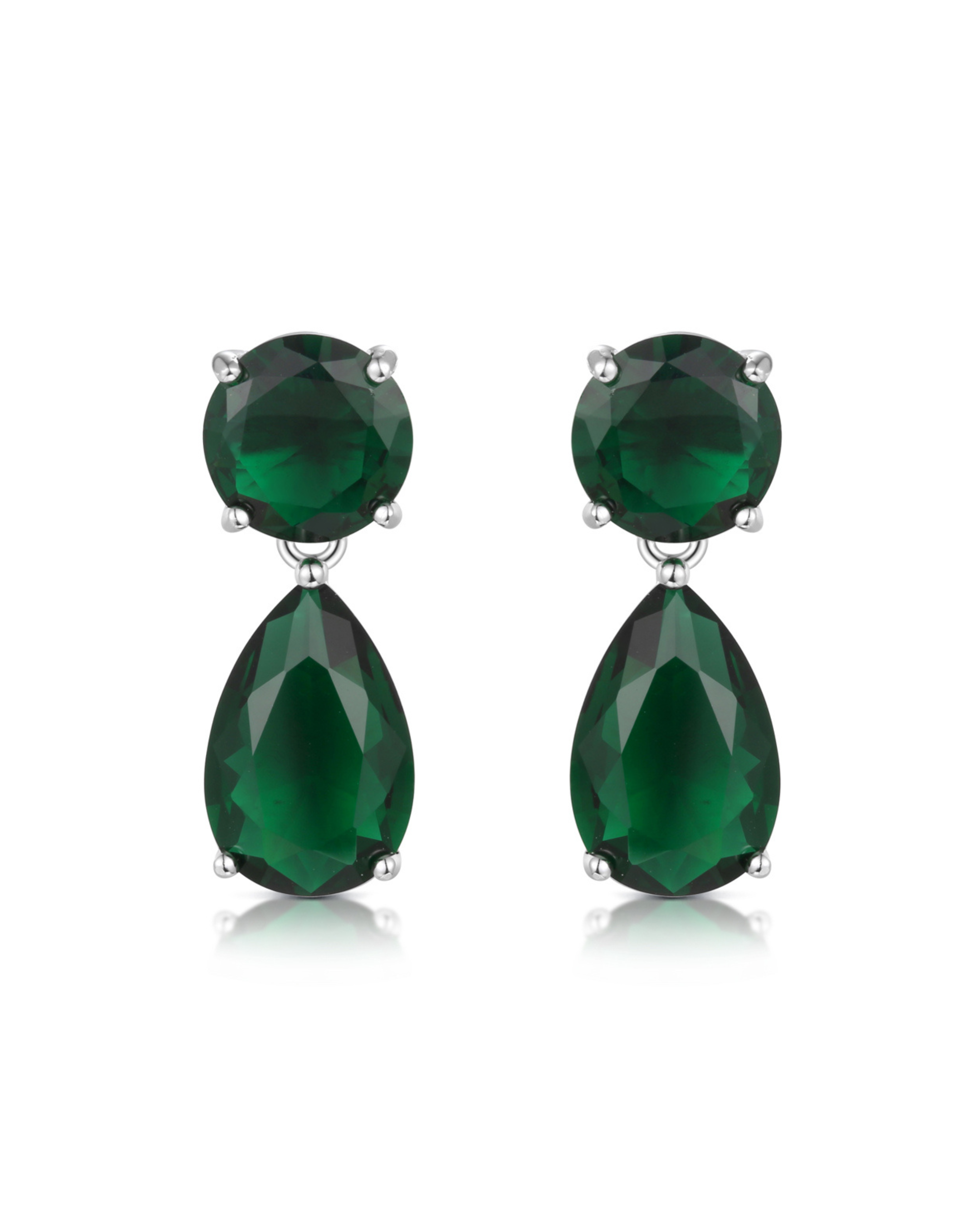 Pendientes verdes MUSE con piedra circular y piedra talla pera color esmeralda en acabado rodio blanco | Sibela Studio