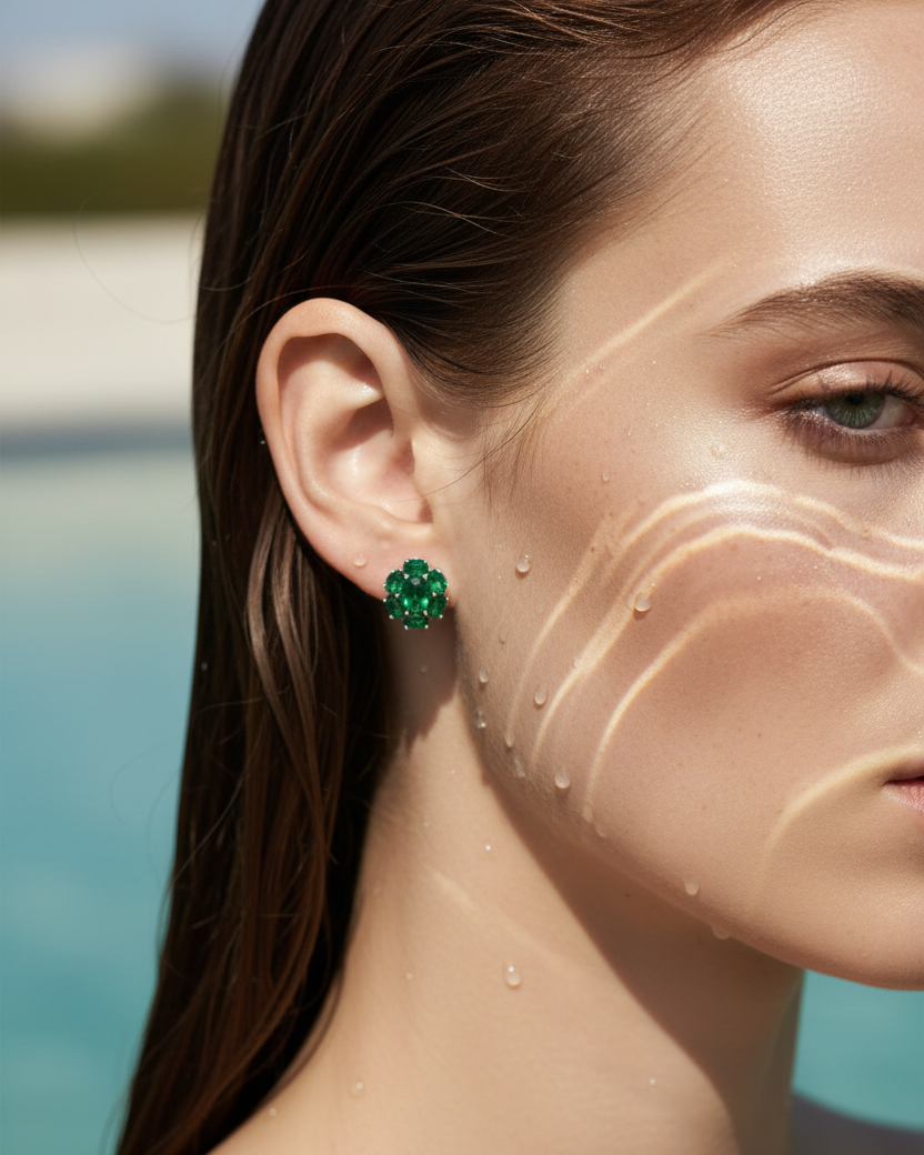 Pendientes ovalados verdes con brillo refinado y acabado en rodio.