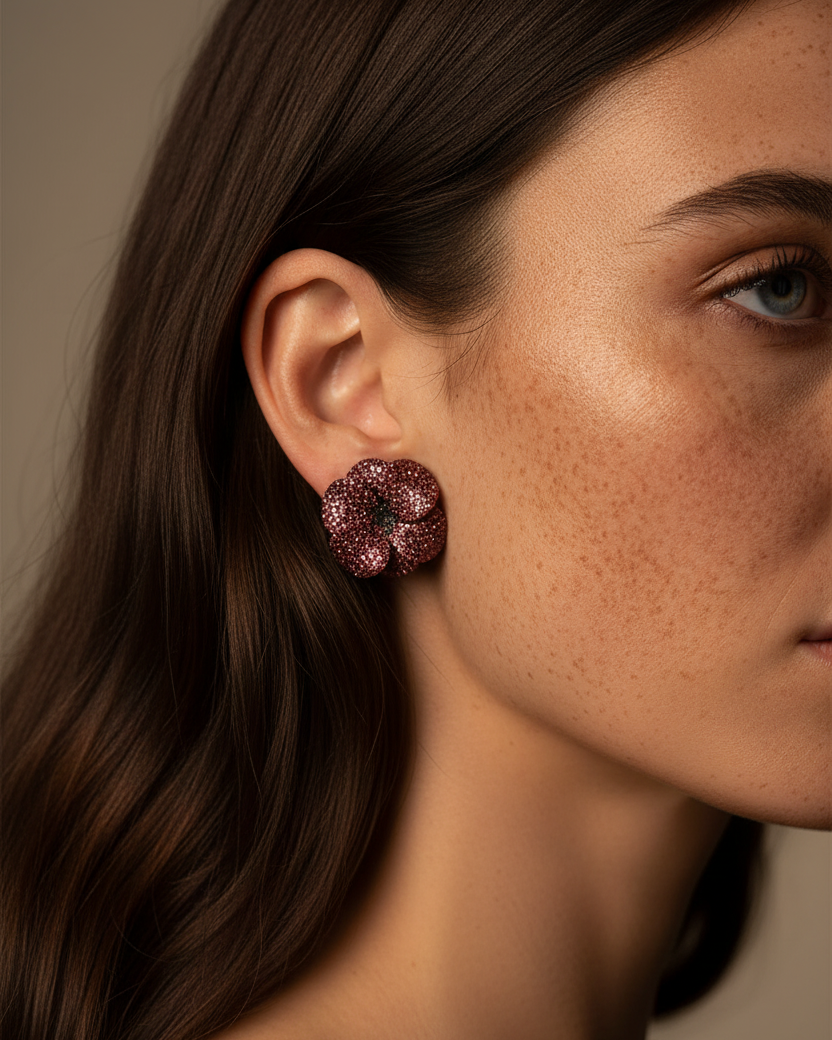 Pendientes vintage granate de Sibela Studio con brillo refinado y elegante.