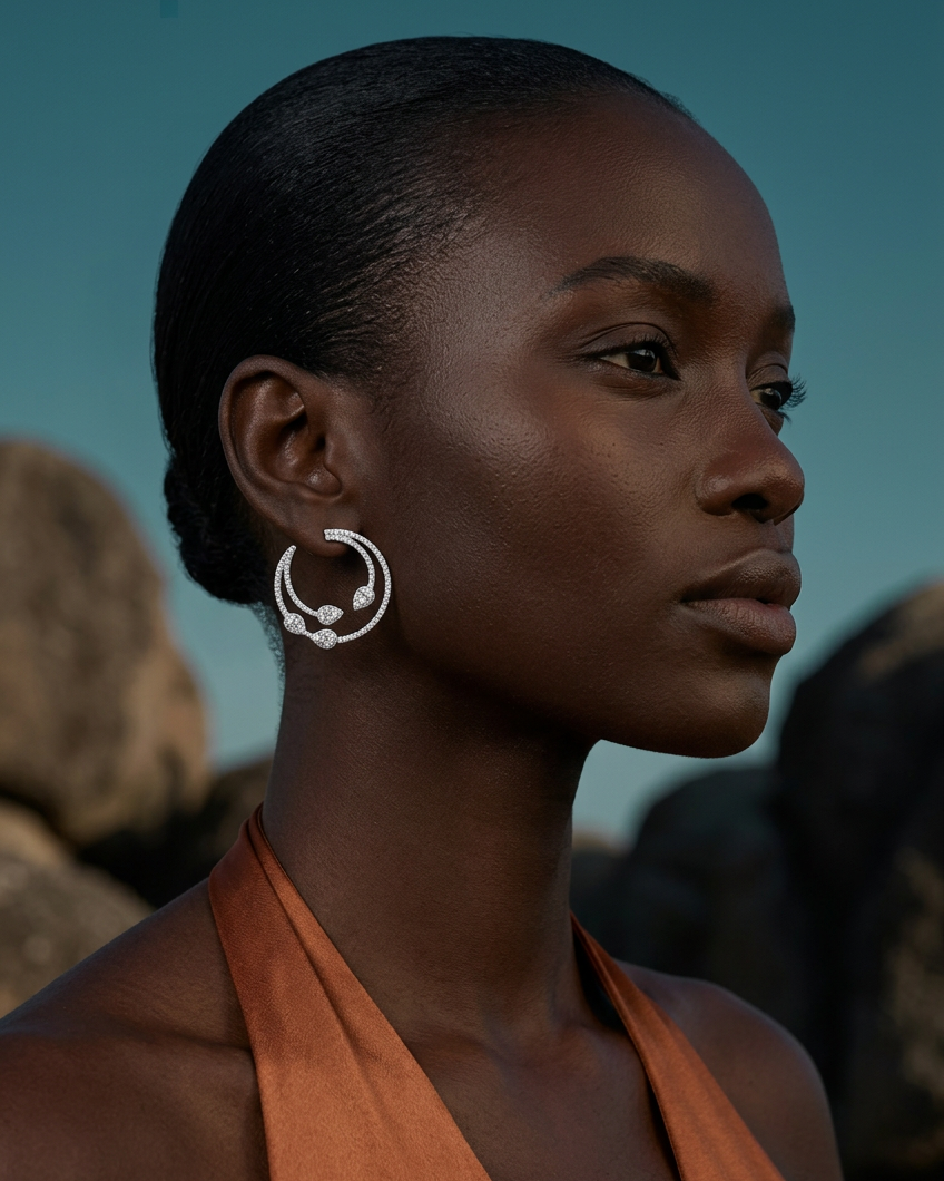 Pendientes Zenit con acabado en rodio y delicadas piedras blancas de talla circular.