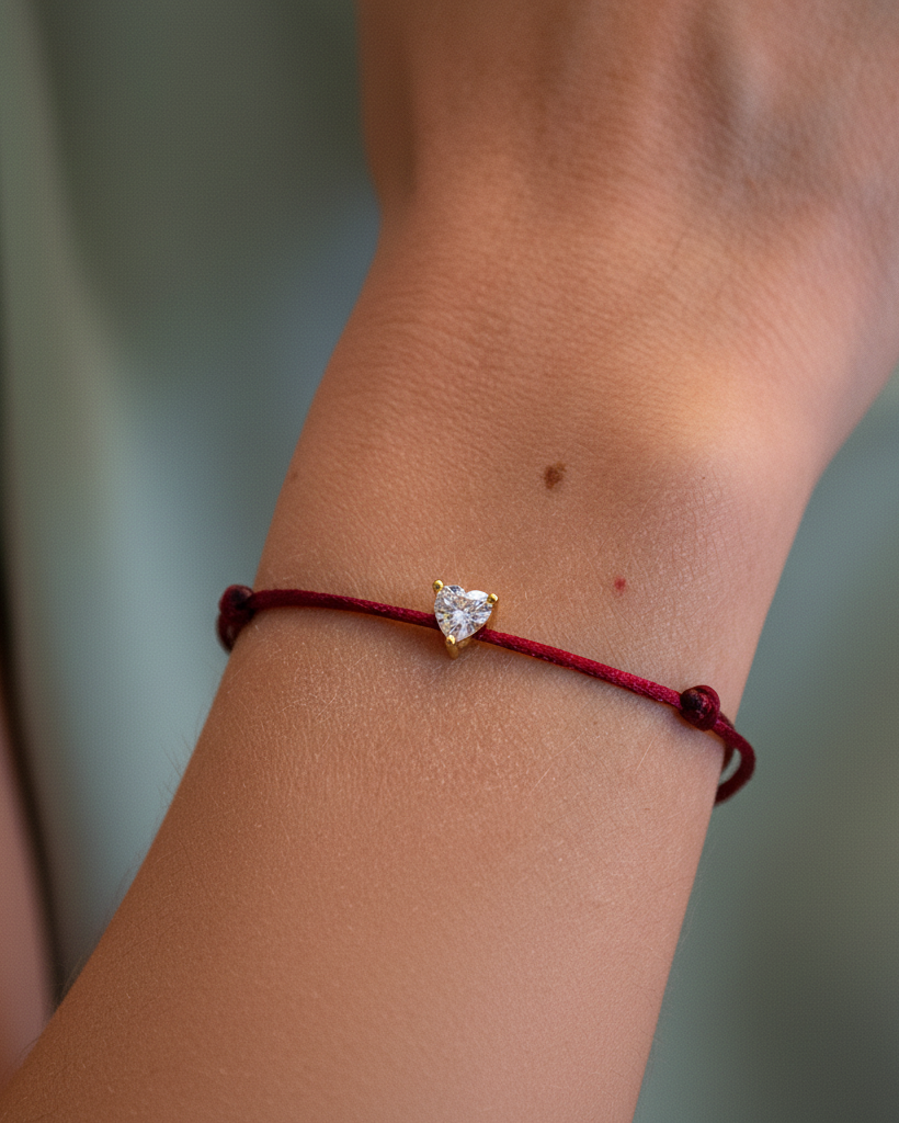 Pulsera Áine tipo lucky charm con hilo rojo y piedra corazón brillante.
