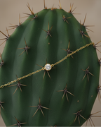 Pulsera con cadena fina y circonita blanca que aporta un brillo sutil, acabado en oro amarillo.