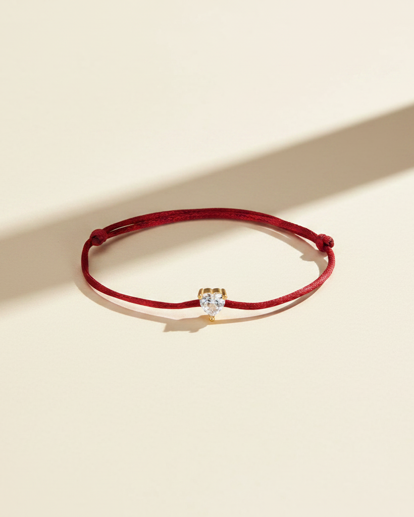 Pulsera con corazón brillante, hilo rojo y acabado en oro amarillo.
