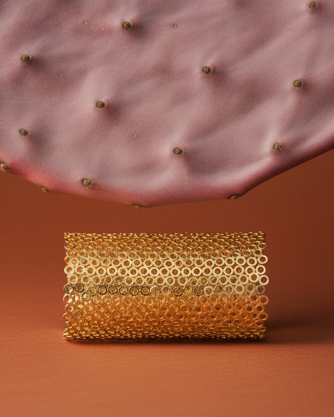 Pulsera de filigrana ZARB con acabado dorado y diseño calado de círculos entrelazados.