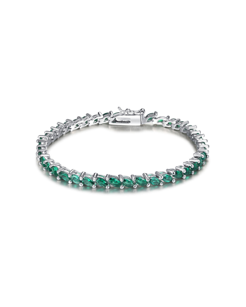 Pulsera MER de plata 925 con piedras verde esmeralda en talla marquesa sobre fondo blanco.