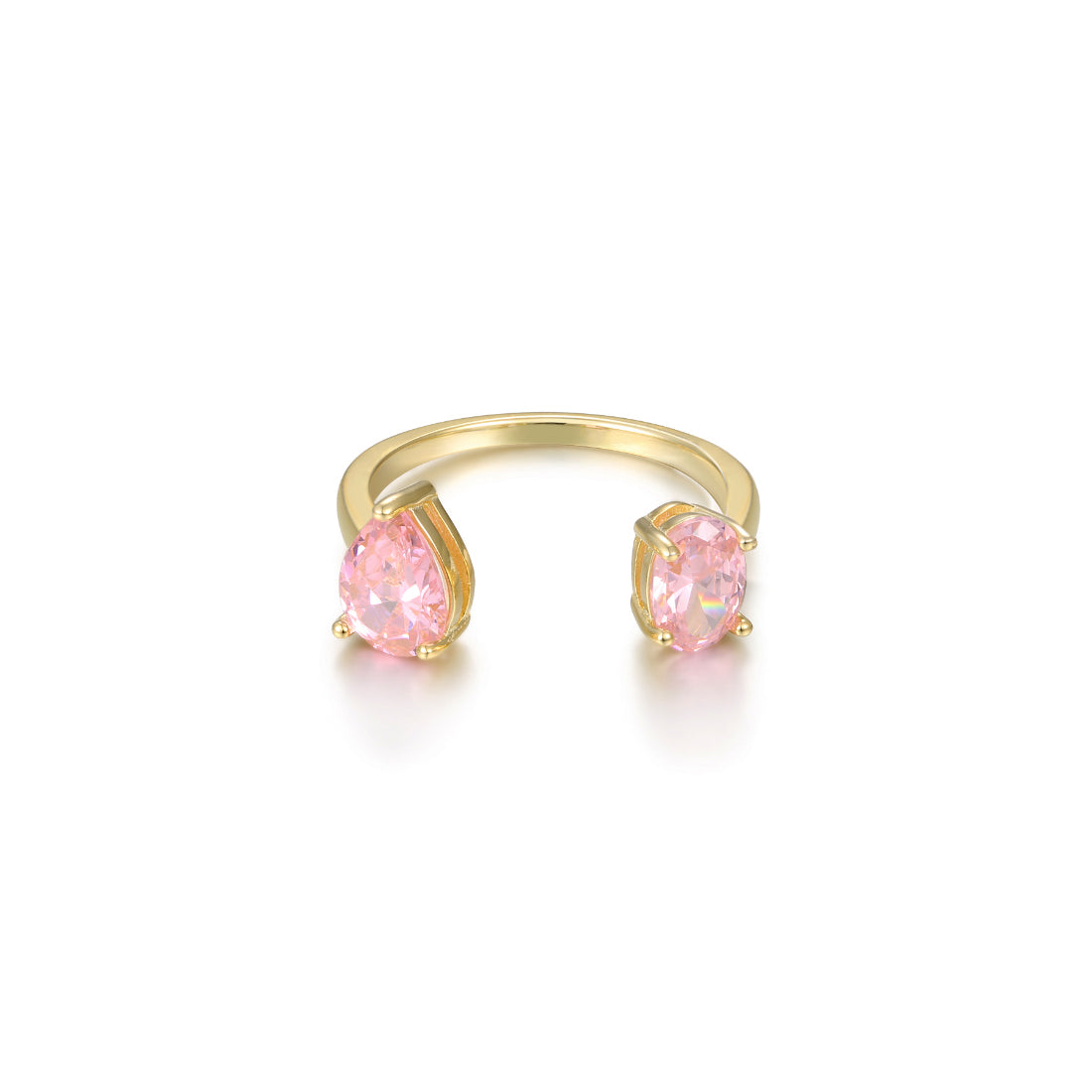 Anillo kohë en oro amarillo, un anillo abierto con dos piedras centrales separadas entre si y sujetas por garras, piedra en talla oval y en talla pera en color rosa intenso, el anillo está realizado en plata de 1ª ley 925 milésimas acabado con un baño de oro amarillo de 18 kt.