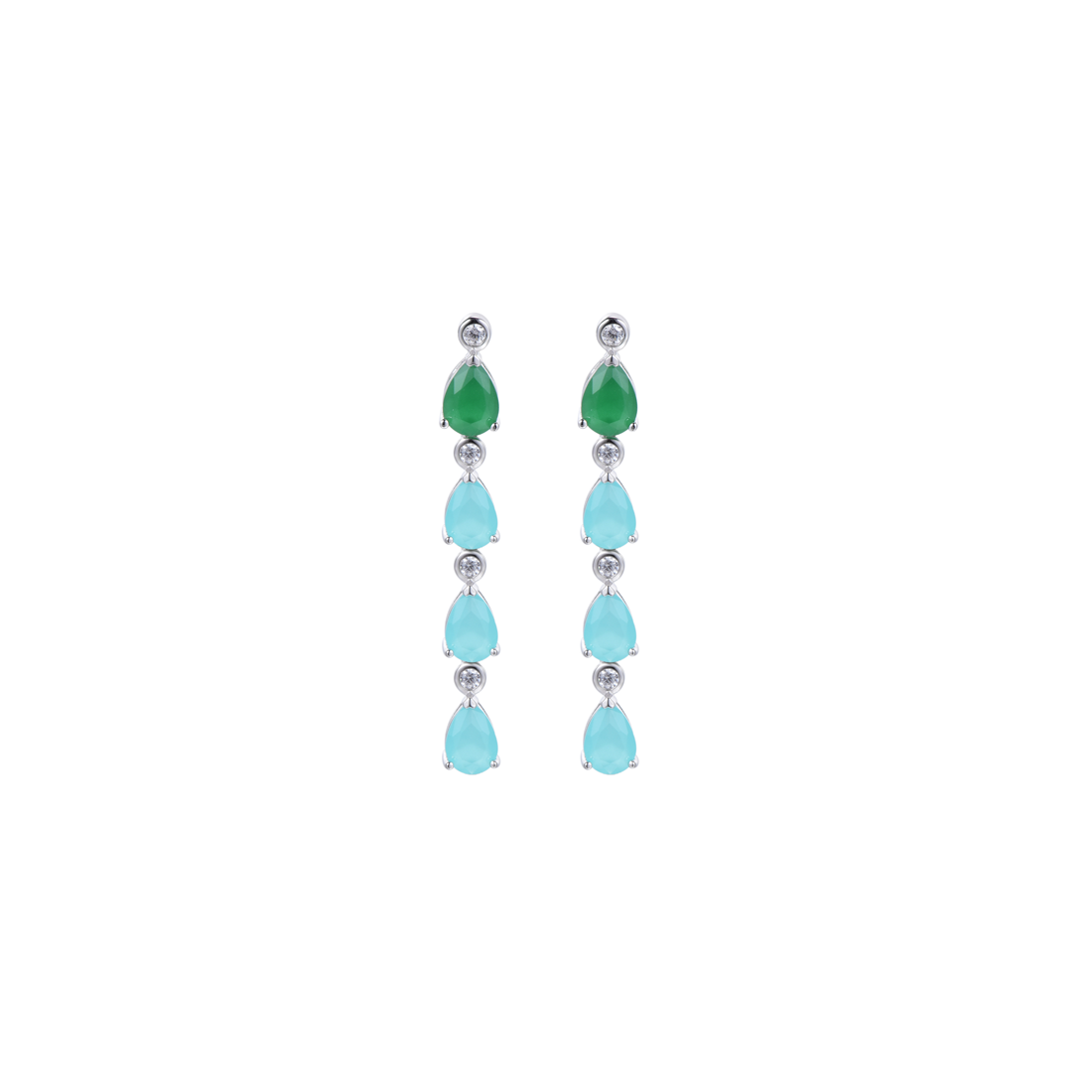 Pendientes Indian con diseño de gotas en tonos verde esmeralda y turquesa, elaborados en base de alta calidad Sibela con chapado en rodio. Perfectos para un look elegante y atemporal.