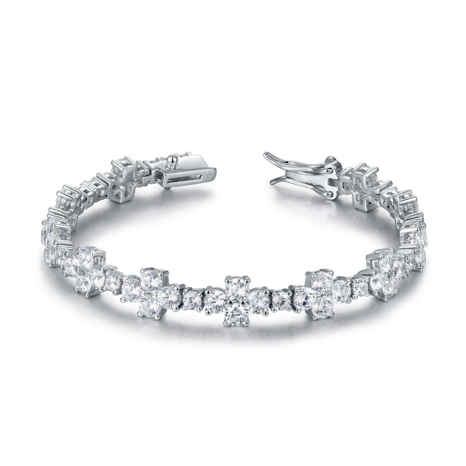 Pulsera Canna con flores brillantes y acabado elegante en rodio.